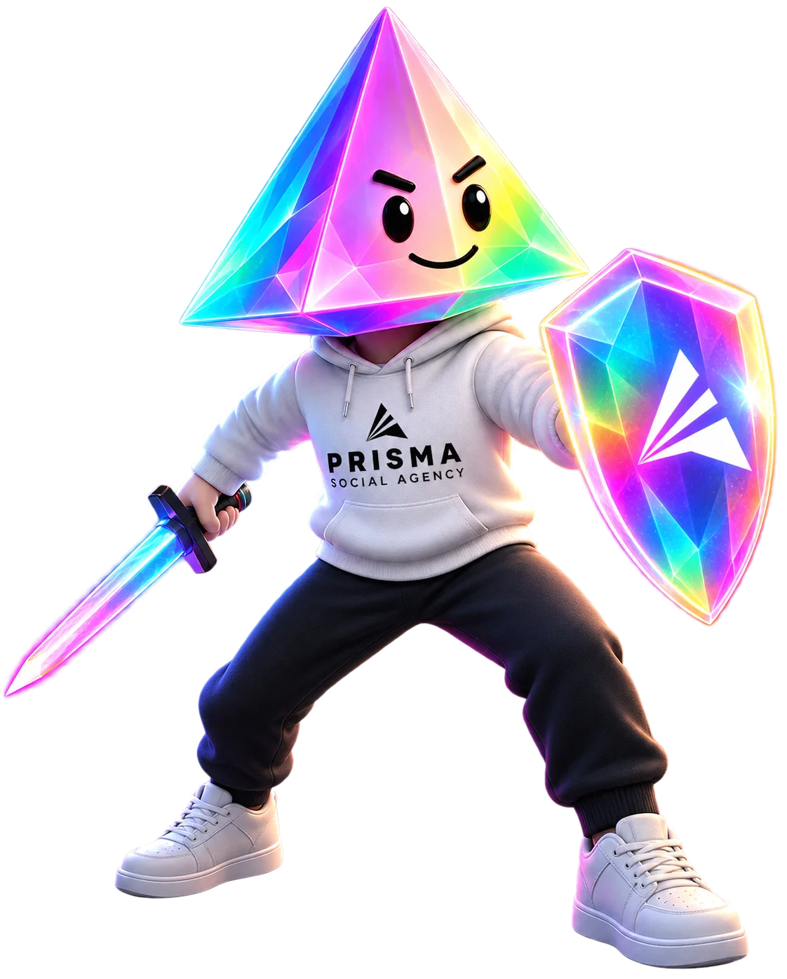 Mascotte 3D di Prisma Social Agency: personaggio con testa a prisma iridescente, in tenuta da combattimento con spada e scudo